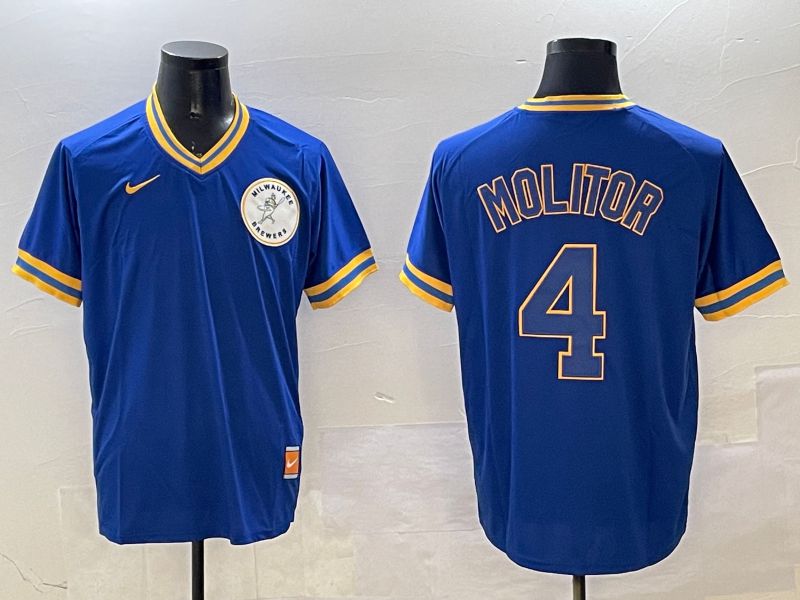 Men Milwaukee Brewers #4 Molitor Blue Throwback Game 2025 Nike MLB Jersey style 1->milwaukee brewers->MLB Jersey